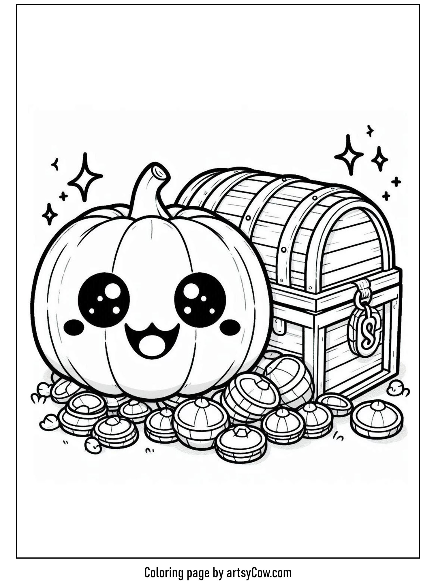 halloween coloring pages with jack-o-lantern, featuring a charming jack-o-lantern beside an overflowing treasure chest filled with gold coins.